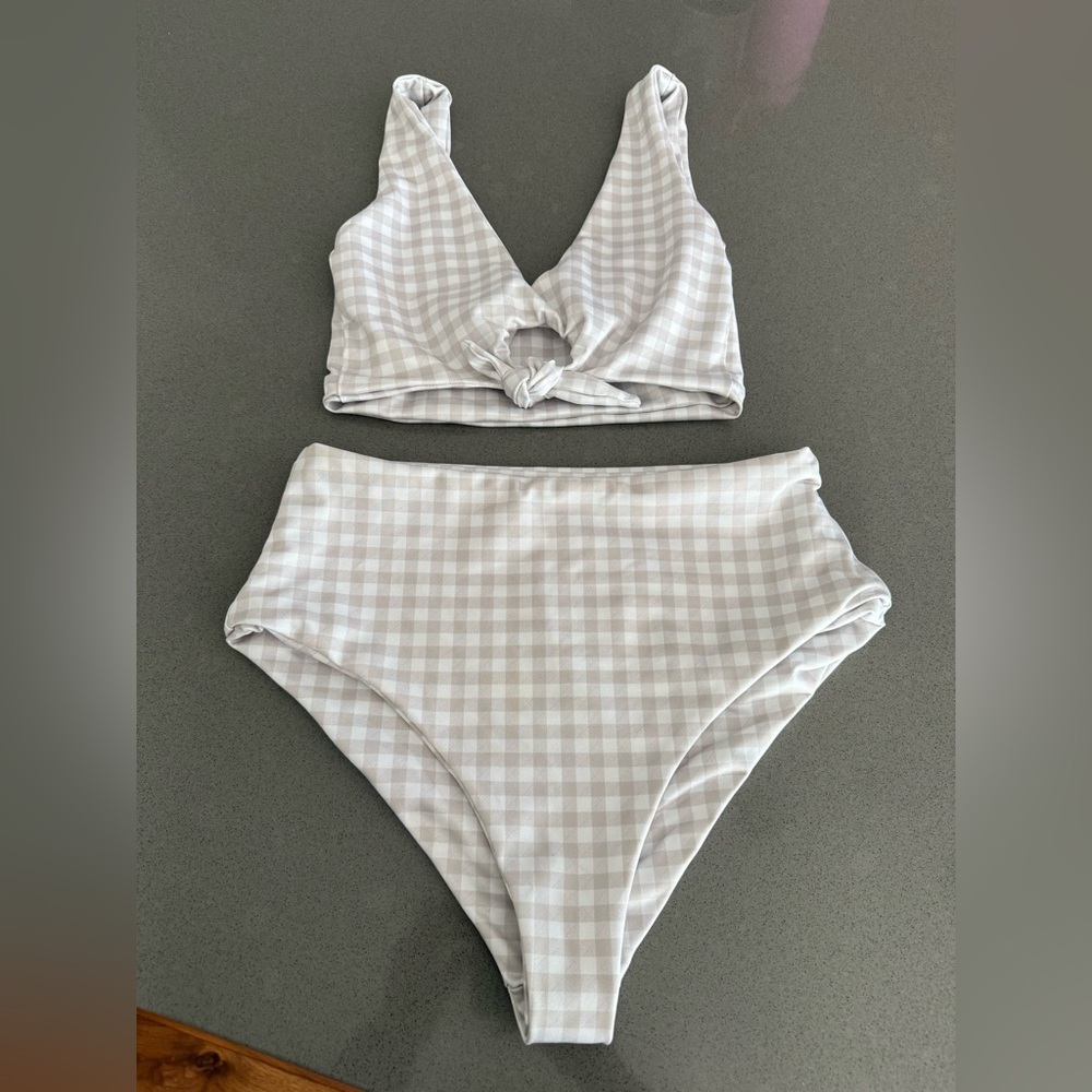 Light Gray Gingham High-Waist Bikini Set
